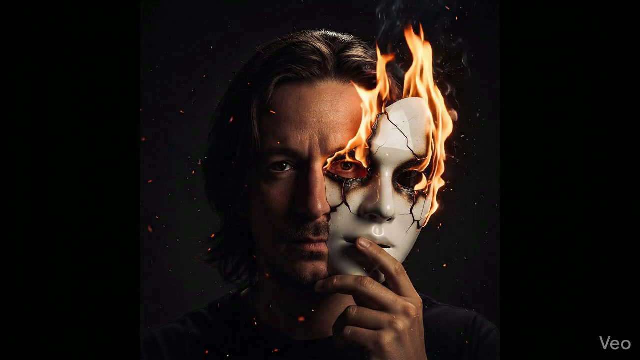 Portrait de Dopa : moitié visage, moitié masque blanc craquelé en feu sur fond noir