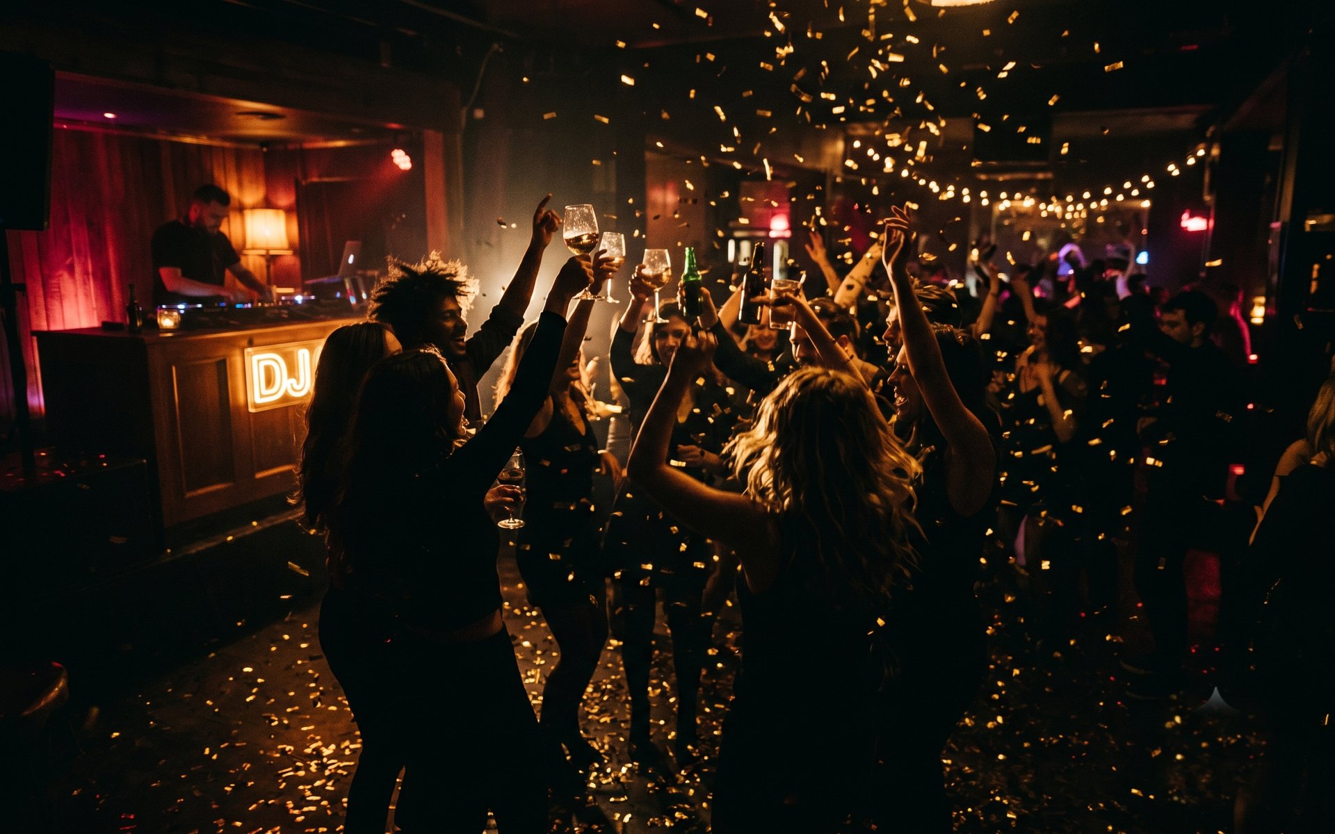 Anniversaire au pic de la soirée : confettis dorés, verres levés, cabine DJ