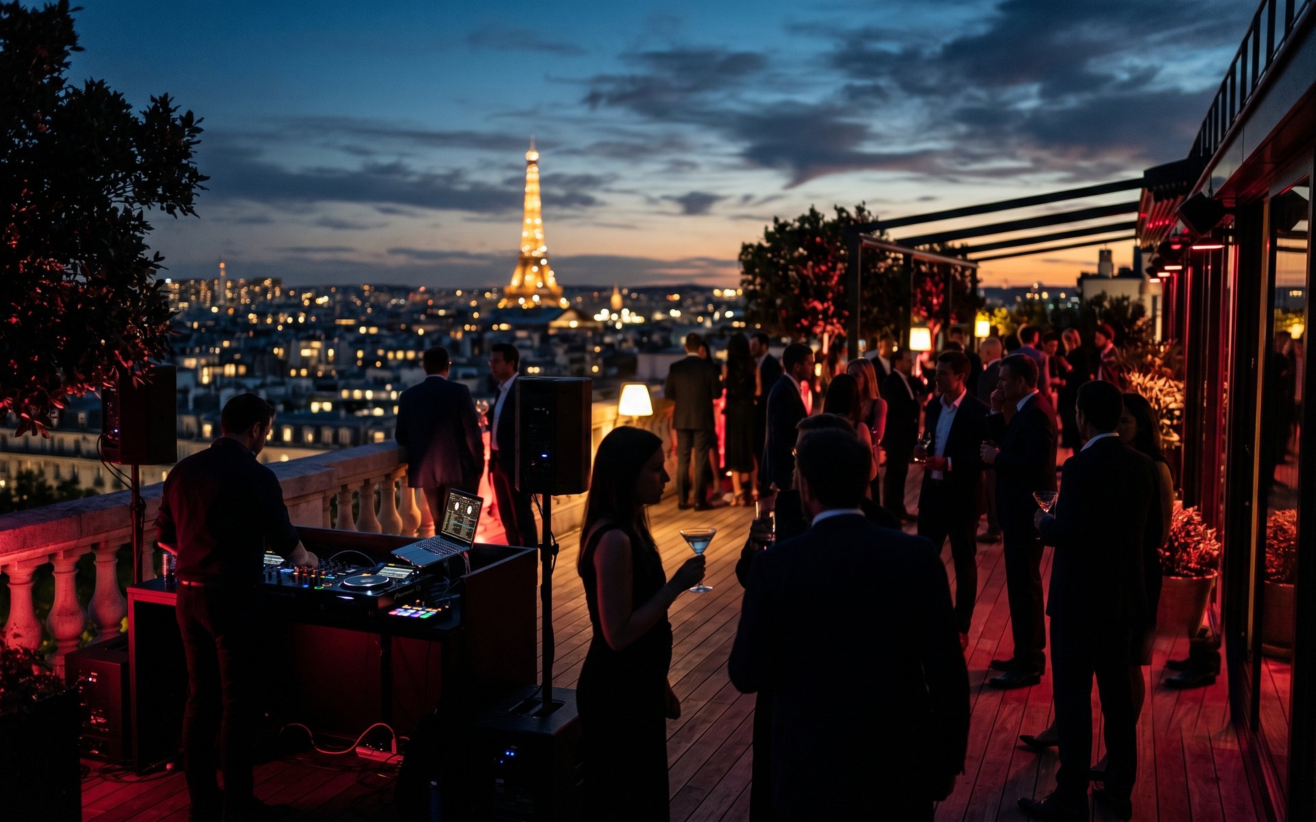 Cocktail d'entreprise sur un rooftop parisien au crépuscule, tour Eiffel au fond