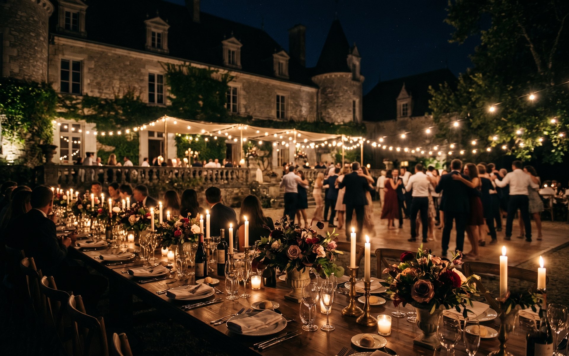 Soirée de mariage dans un domaine : dîner aux chandelles et piste de danse sous guirlandes
