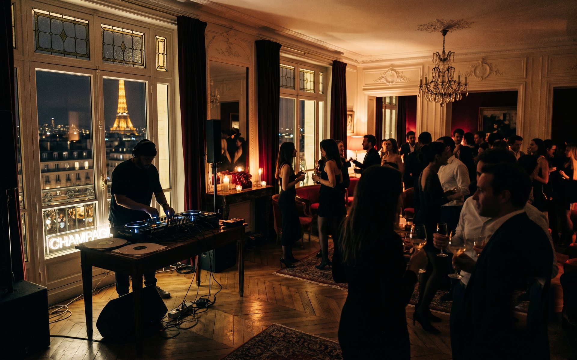 Soirée privée dans un appartement haussmannien, platines près des fenêtres, Paris la nuit