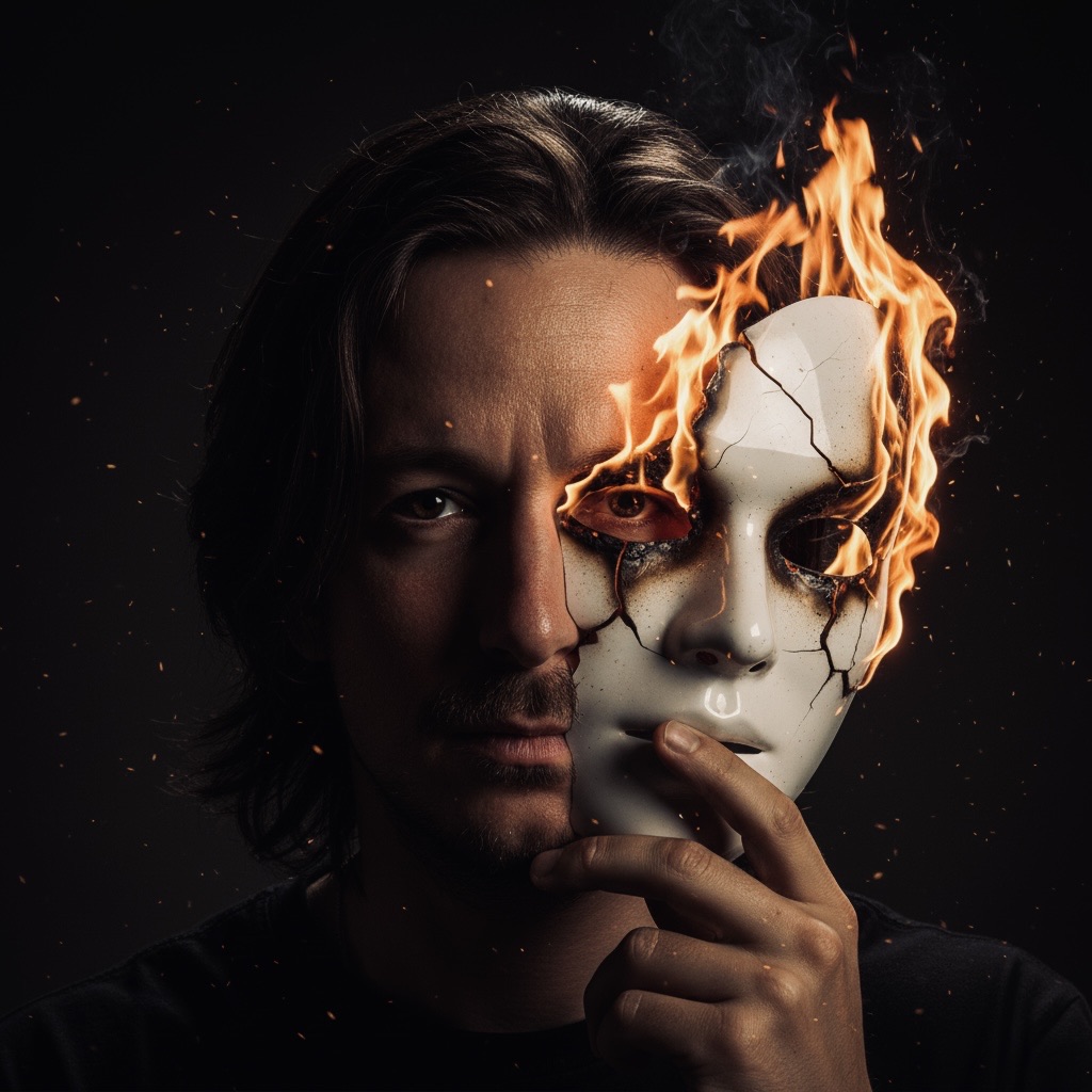 Portrait signature de Dopa : masque blanc craquelé en feu